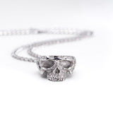 Front view of the Nick Von K Rebirth charm necklace with a sculpted skull pendant on a silver chain.