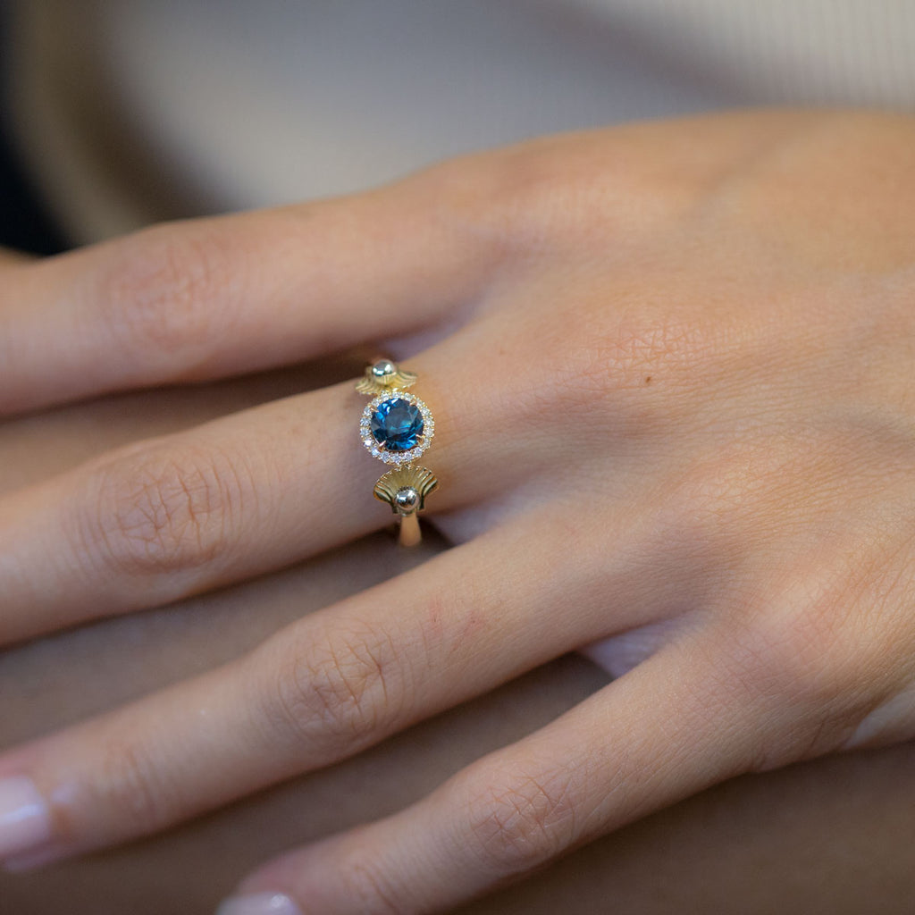 Teal Blue Round Sapphire Ariel ring in 9 carat Yellow Gold with Platinum and Diamonds