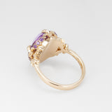 Nick Von K 9k Yellow Gold Royal Unicorn Ring with Amethyst back view of fleur-de-lis claw setting and small gypsy set round cut Amethysts