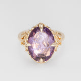 Nick Von K 9k Yellow Gold Royal Unicorn Ring with Amethyst front view of white enamel Unicorn seen through Amethyst 