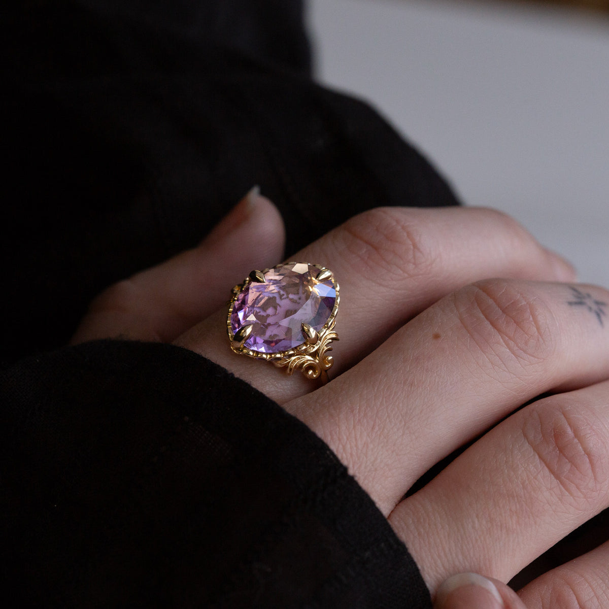 Nick Von K 9k Yellow Gold Royal Unicorn Ring with Amethyst Model front view 