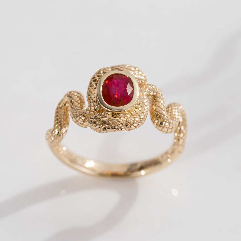 1.02 carat Ruby Nagini ring in 9 carat Gold