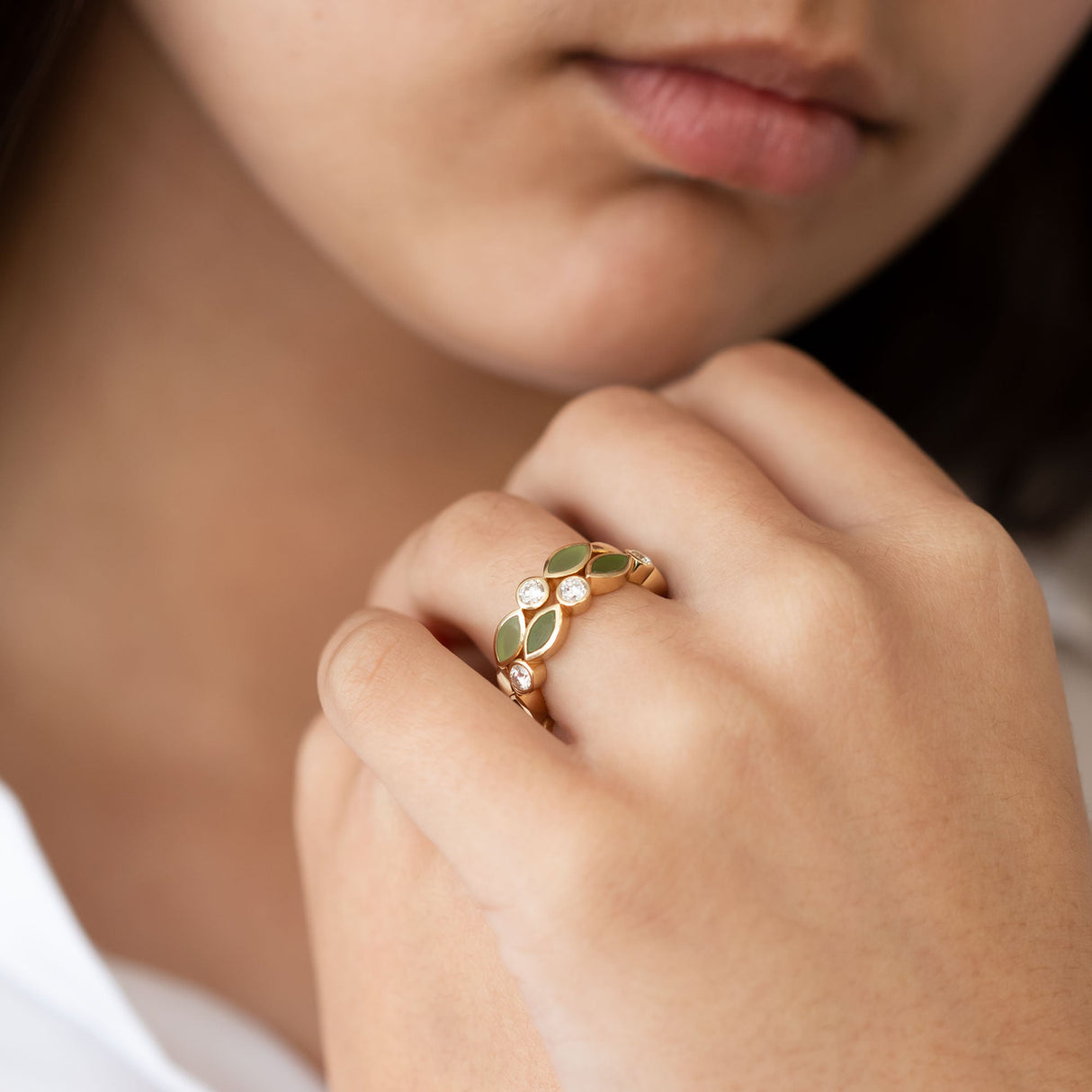 Pounamu and Diamond Blossom ring in Yellow Gold and Platinum