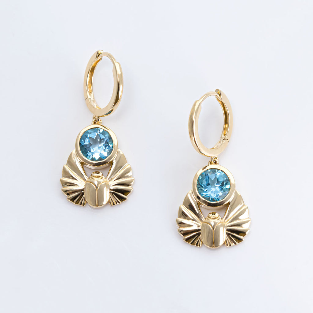 Swiss Blue Topaz Scarab Earrings in 9 carat Gold