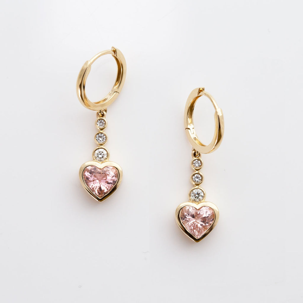 Sunset Orange/Pink Tourmaline Hearts and Diamonds earrings in 9 carat Gold