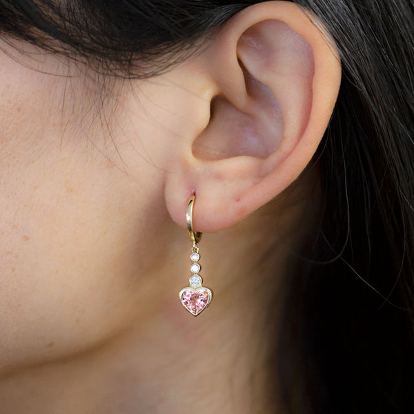 Sunset Orange/Pink Tourmaline Hearts and Diamonds earrings in 9 carat Gold