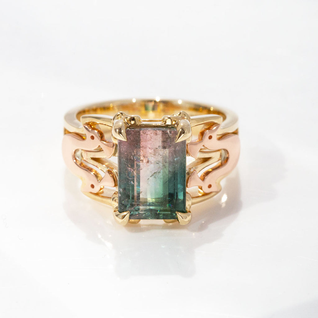 4.25 carat Watermelon Tourmaline Twin Peacock ring in 9 carat Yellow and Pink Gold
