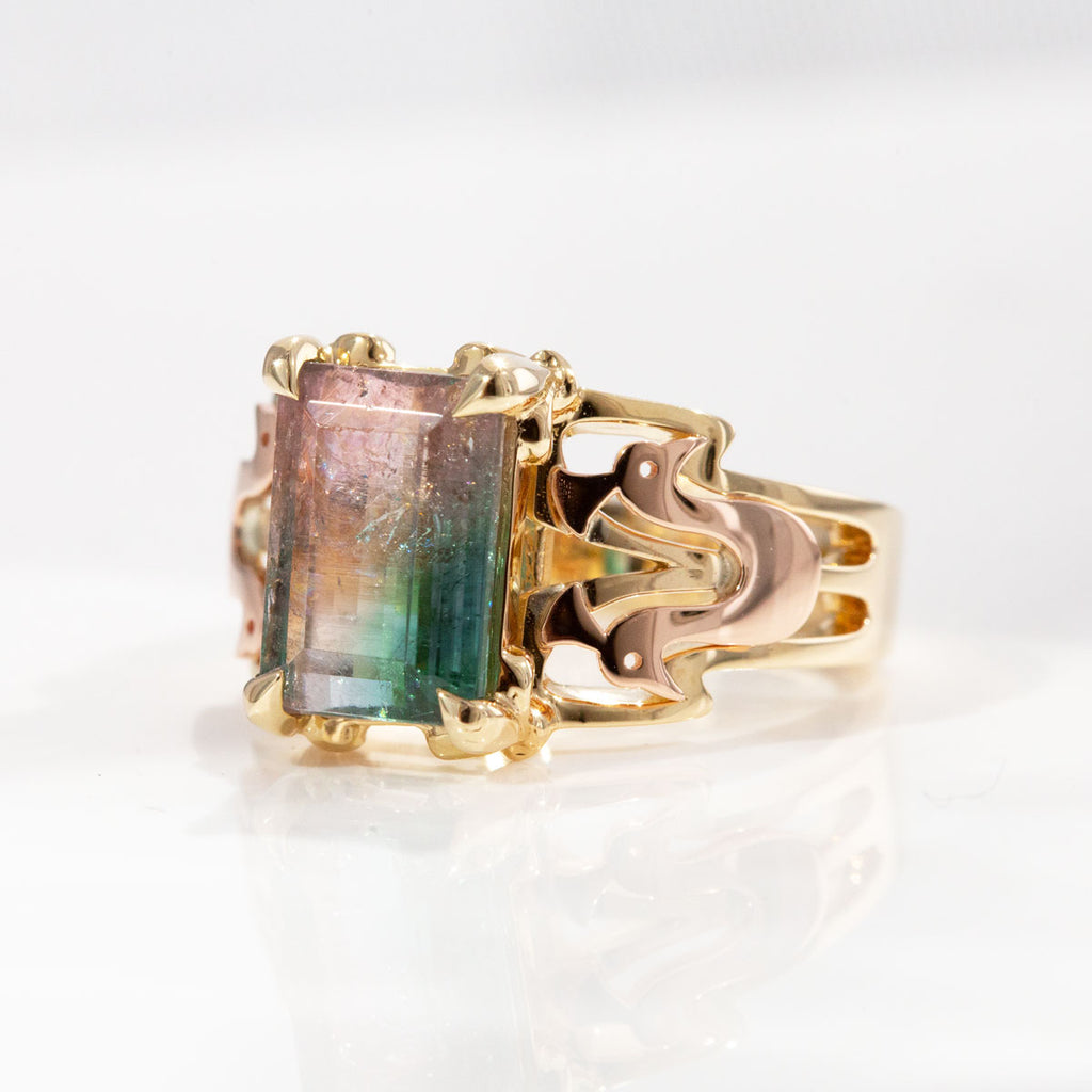 4.25 carat Watermelon Tourmaline Twin Peacock ring in 9 carat Yellow and Pink Gold