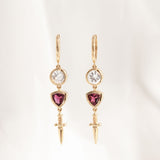 Romeo's Dagger earrings with White Sapphire and Red Wine Tourmaline in 9 carat Gold