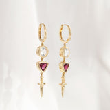 Romeo's Dagger earrings with White Sapphire and Red Wine Tourmaline in 9 carat Gold