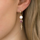 Romeo's Dagger earrings with White Sapphire and Red Wine Tourmaline in 9 carat Gold