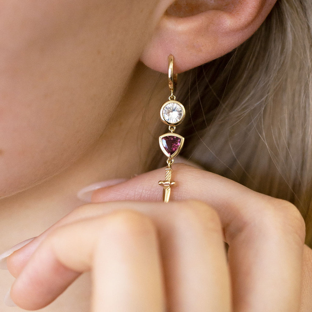 Romeo's Dagger earrings with White Sapphire and Red Wine Tourmaline in 9 carat Gold