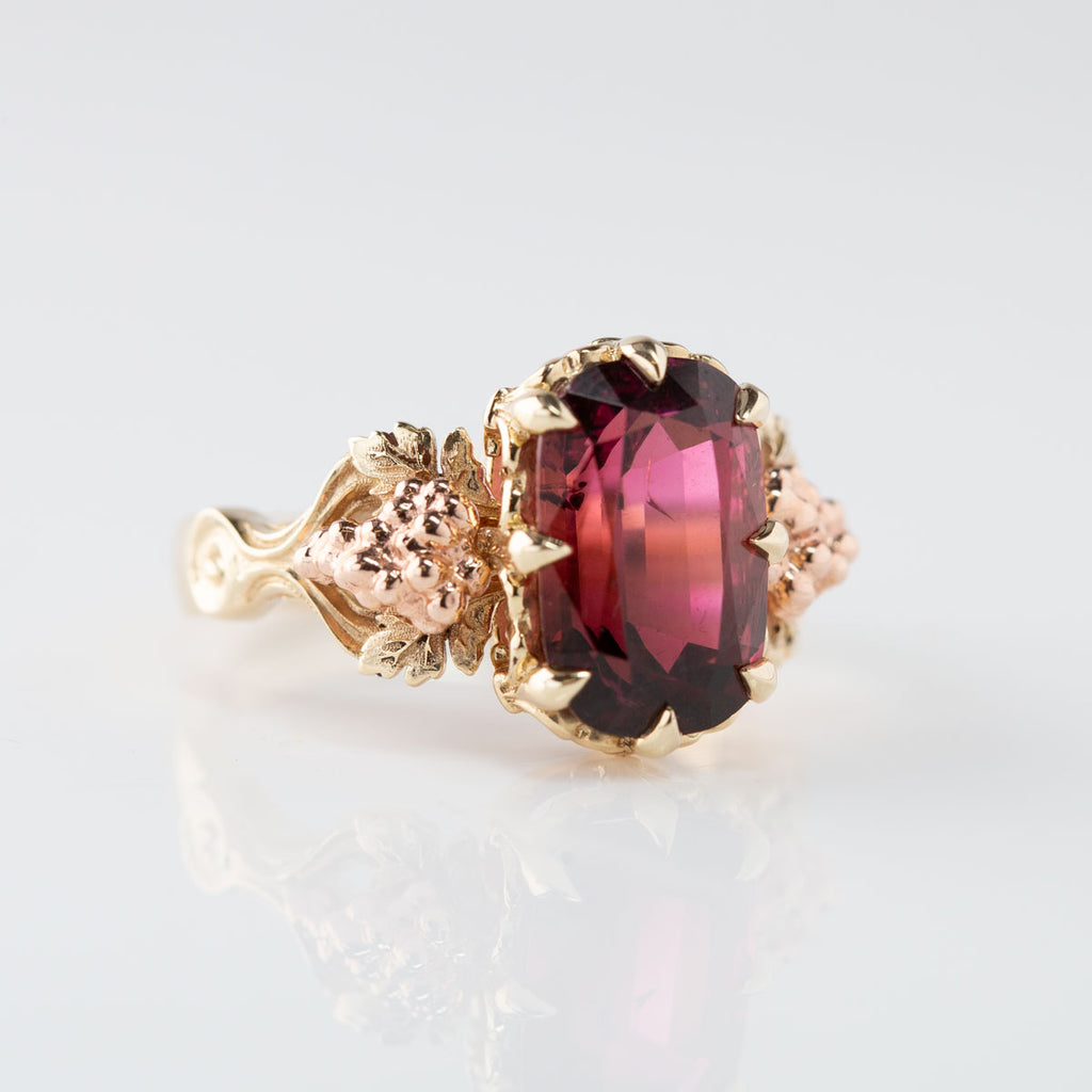 5.28 carat Pinot Noir Tourmaline Red Red Wine ring in 9 carat Yellow and Pink Gold