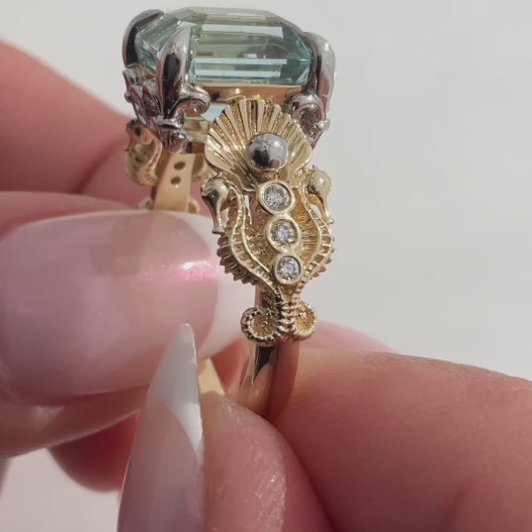 3.50 carat Aquamarine Birth of Venus ring in 9 carat Gold and Platinum