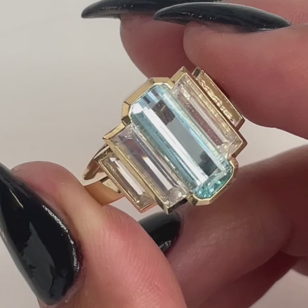 Aquamarine and Misty Quartz Refraction ring in 9 carat Gold