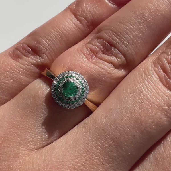 Baby UFO ring with Emeralds and Diamonds in Platinum and 18 carat Gold