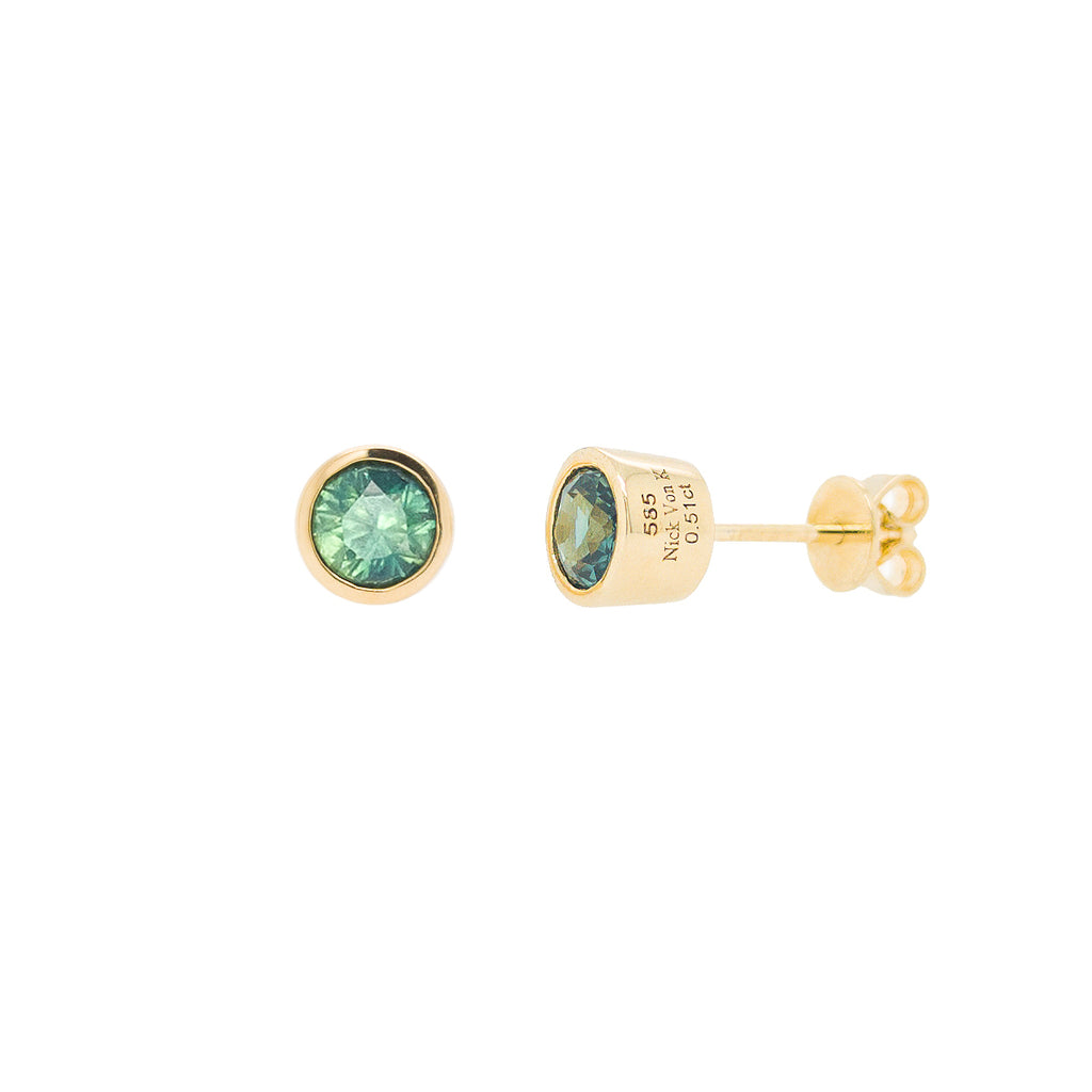 5mm Round Teal Green Sapphire Studs in 14 carat Yellow Gold