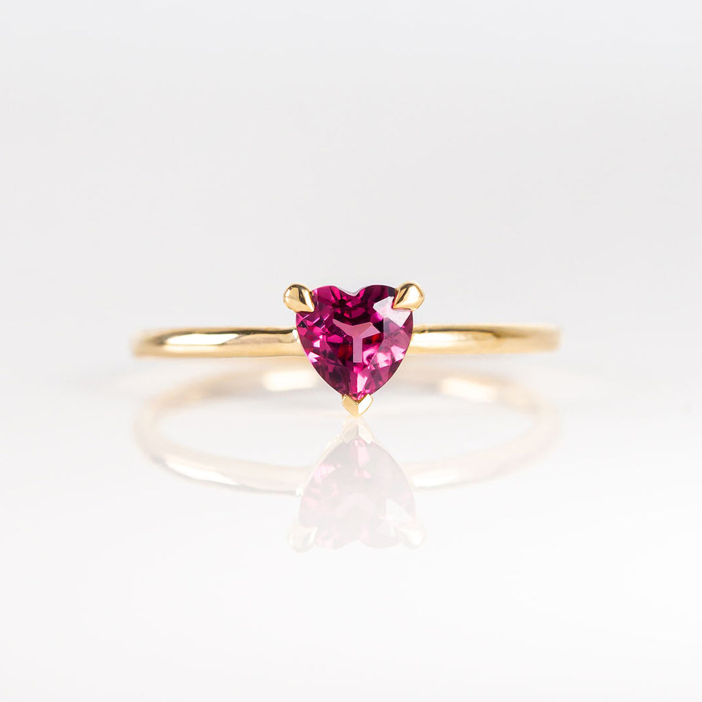 Dark Berry Pink Heart Shaped Rhodolite Garnet Tiny Treasure Ring in 9 carat Yellow Gold