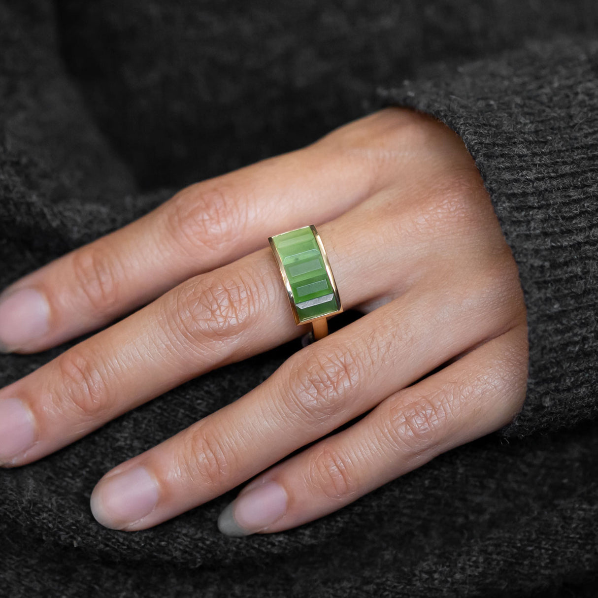 Unfolding Light ring with Pounamu in Yellow Gold or Platinum