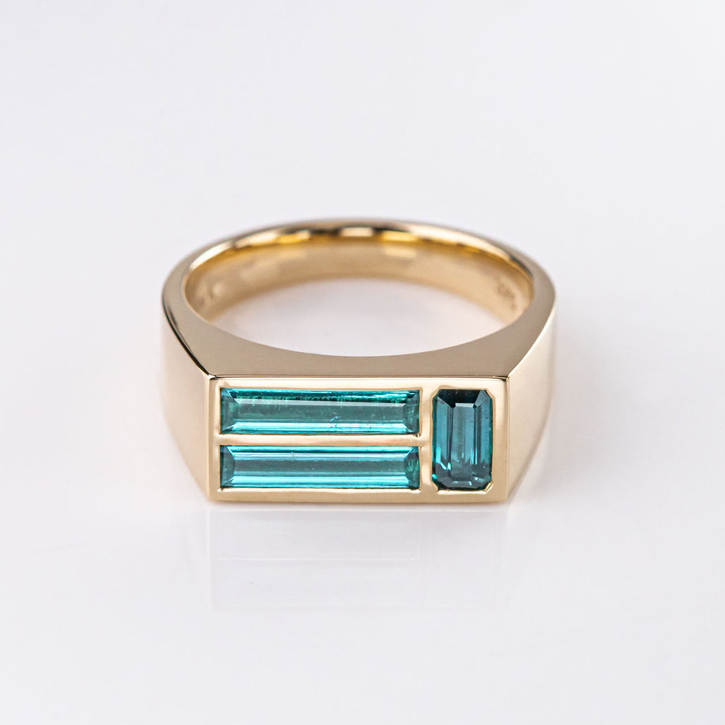Blue Tourmaline Mosaic Signet ring in solid 9 carat Gold