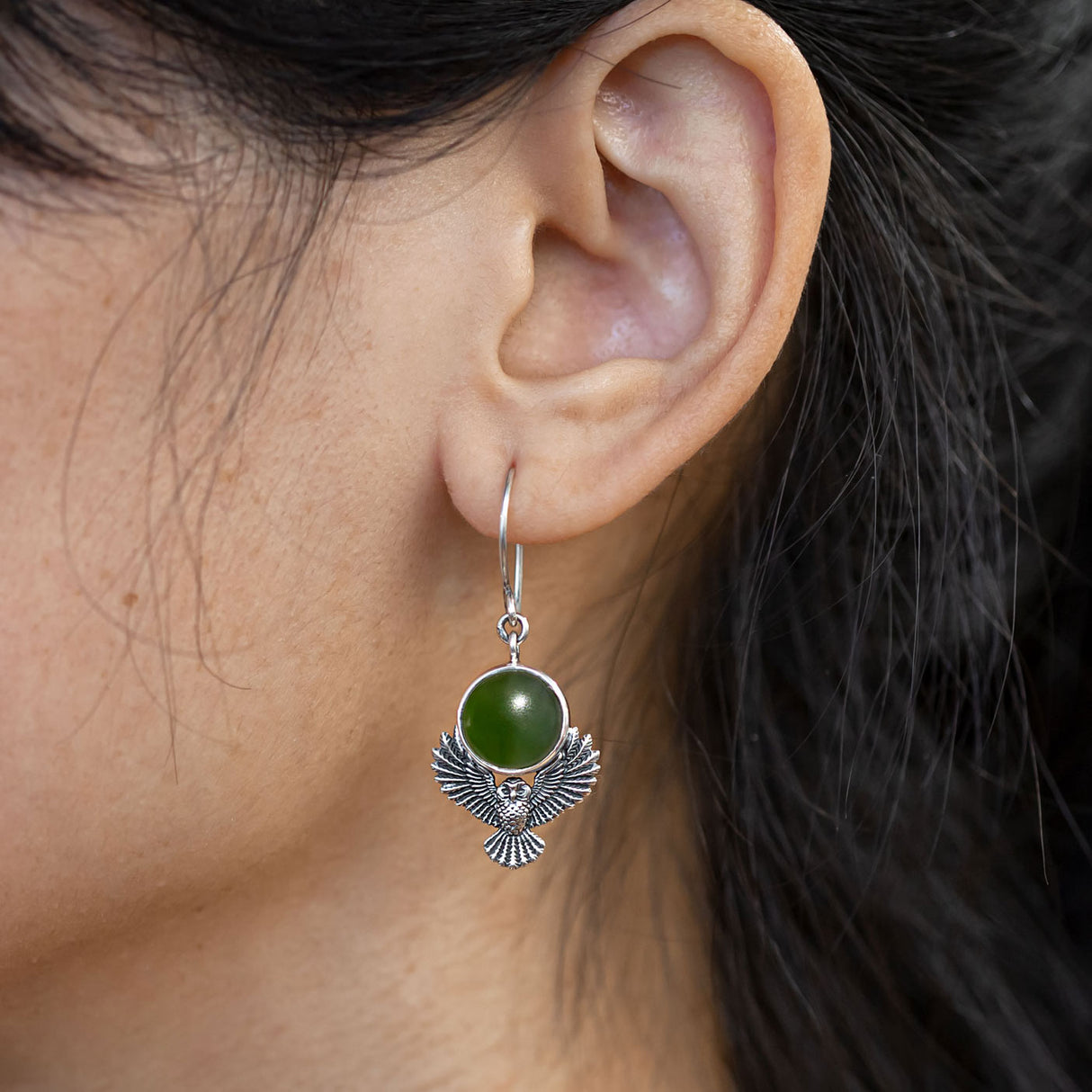 Pounamu Owl Guardian Earrings in Sterling Silver