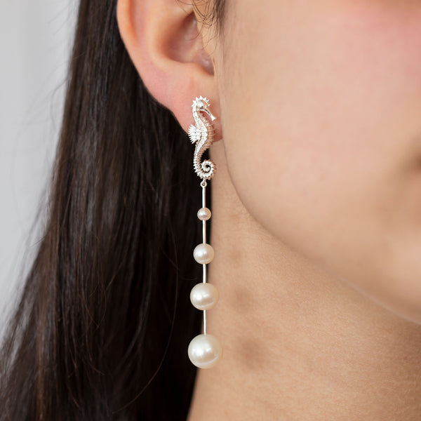 Seahorse Pearl Drop Earrings in Sterling Silver