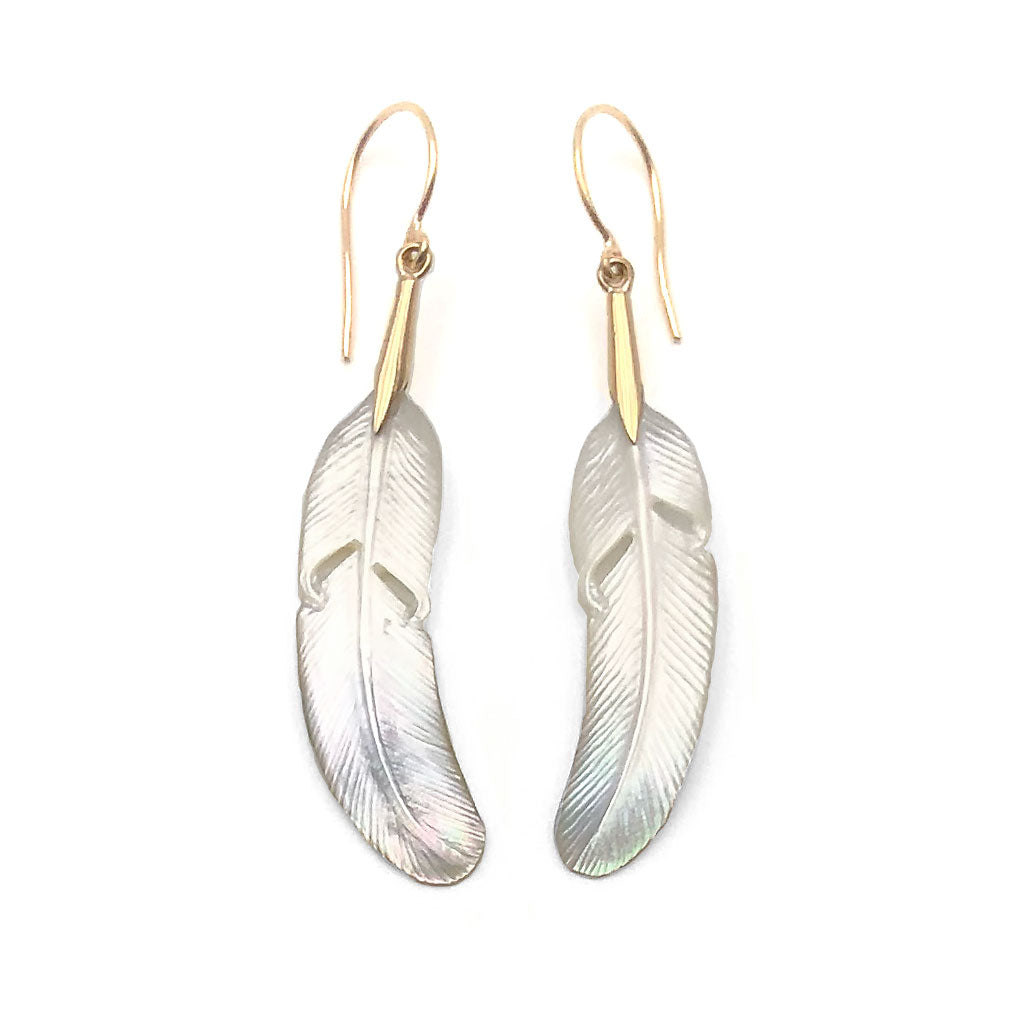 14 carat Gold Mother of Pearl Shell Feather Earrings