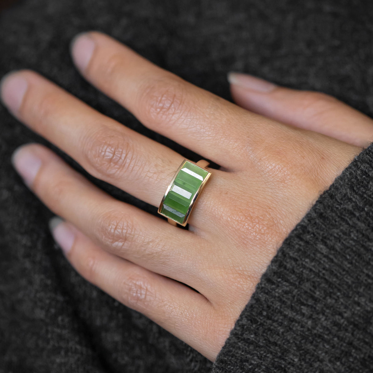 Unfolding Light ring with Pounamu in Yellow Gold or Platinum