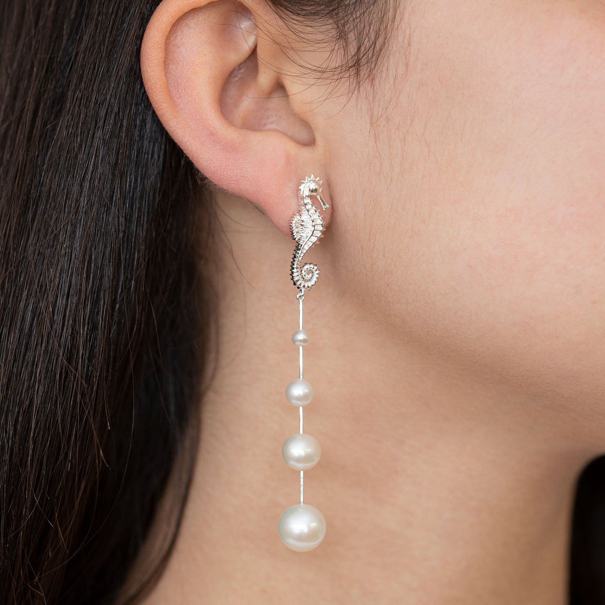 Seahorse Pearl Drop Earrings in Sterling Silver