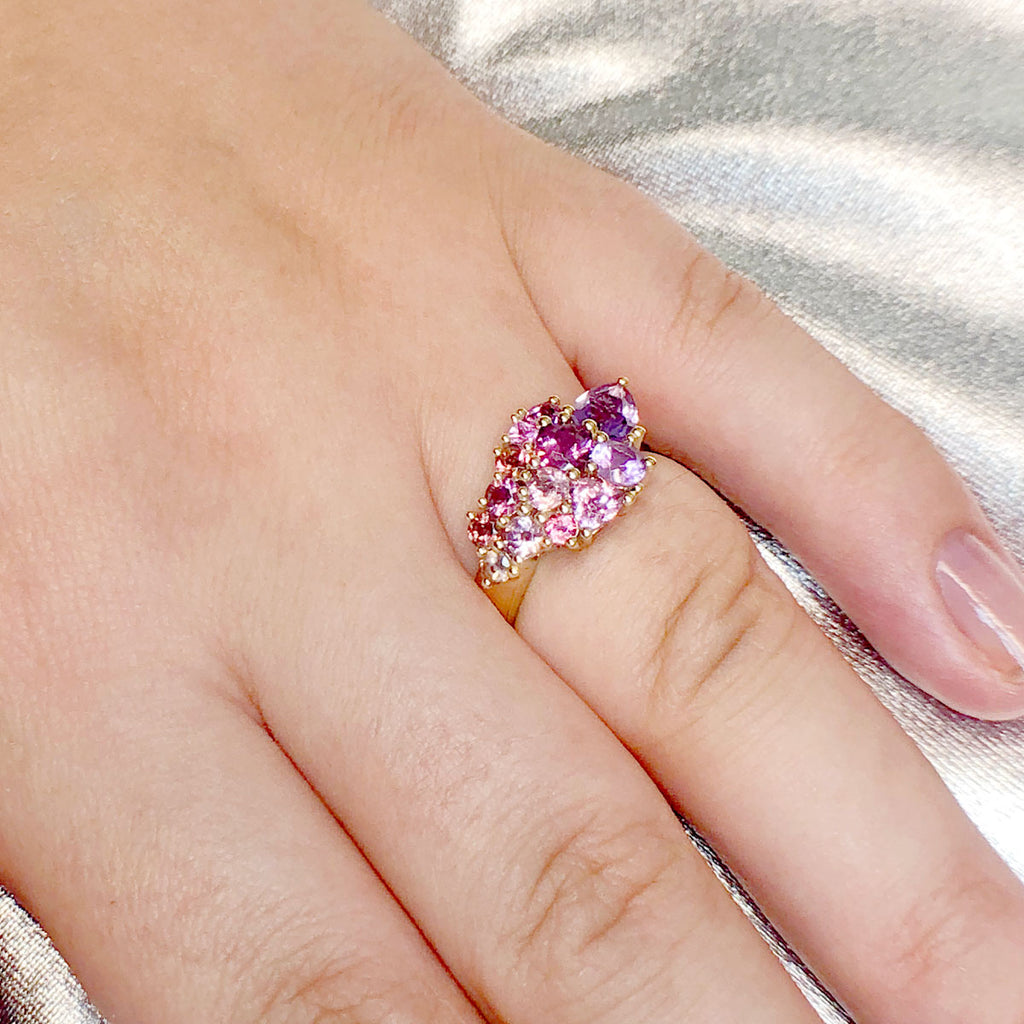 Pink and Purple Cluster Ring in 9 carat Yellow Gold