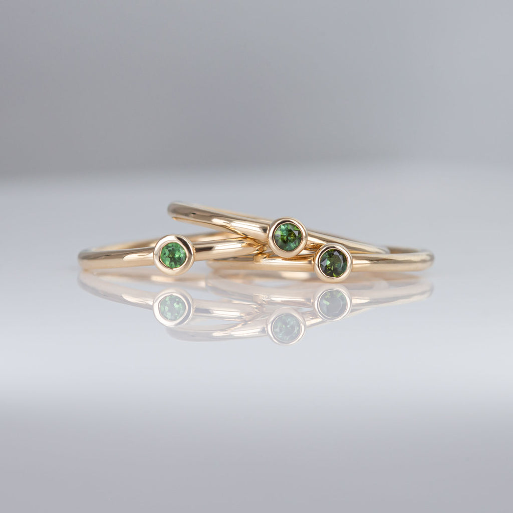 Fern Green 3 Muses ring with Tourmalines set in 9 carat Yellow Gold