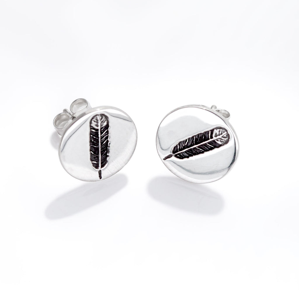 Huia Feather Disc Studs in Sterling Silver