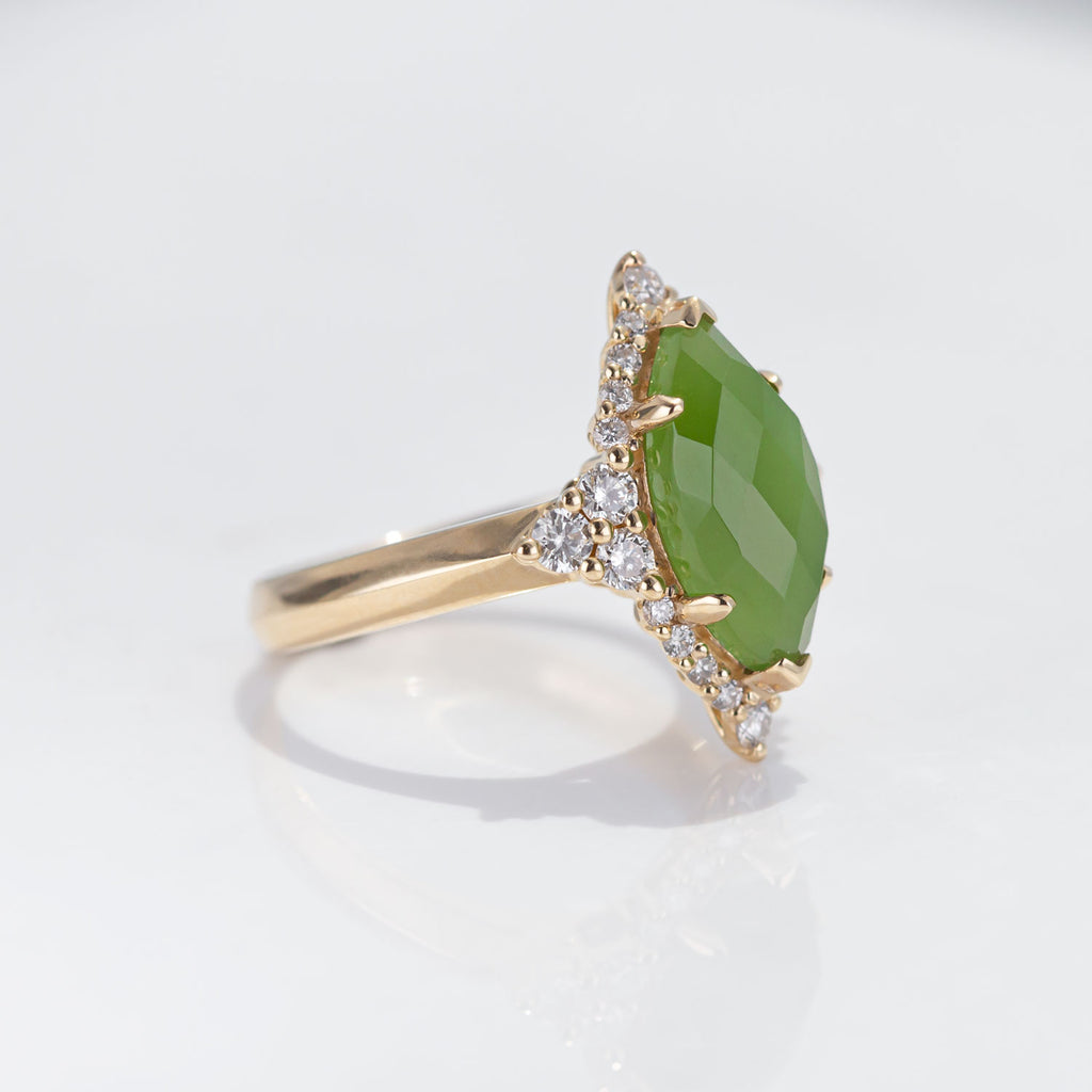 Pounamu Marquis and Diamond Starlight ring in 14 carat Gold