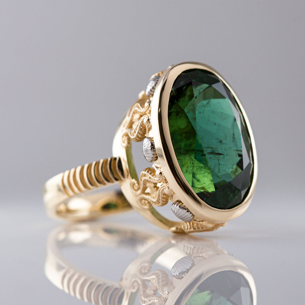 15.81 carat Teal Green Tourmaline Seahorse Temple ring in  9 carat Gold and Platinum