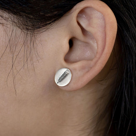 Huia Feather Disc Studs in Sterling Silver