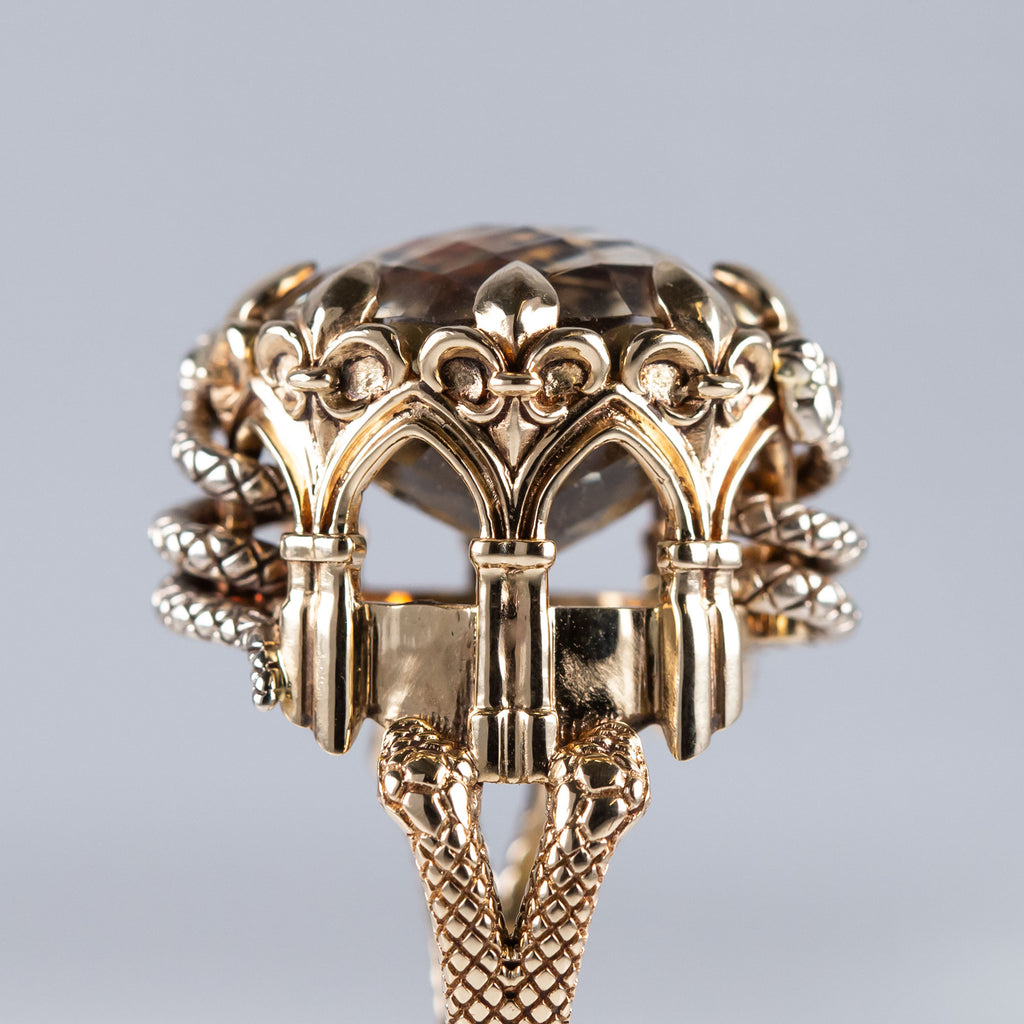 Snake Temple ring with Lemon Quartz in 9 carat White and Yellow Gold