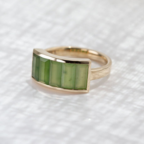 Unfolding Light ring with Pounamu in Yellow Gold or Platinum