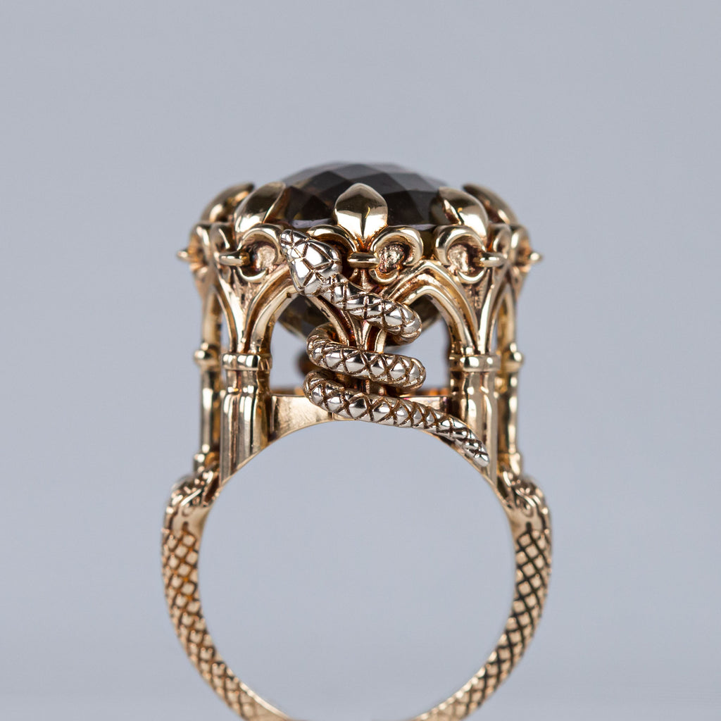 Snake Temple ring with Lemon Quartz in 9 carat White and Yellow Gold