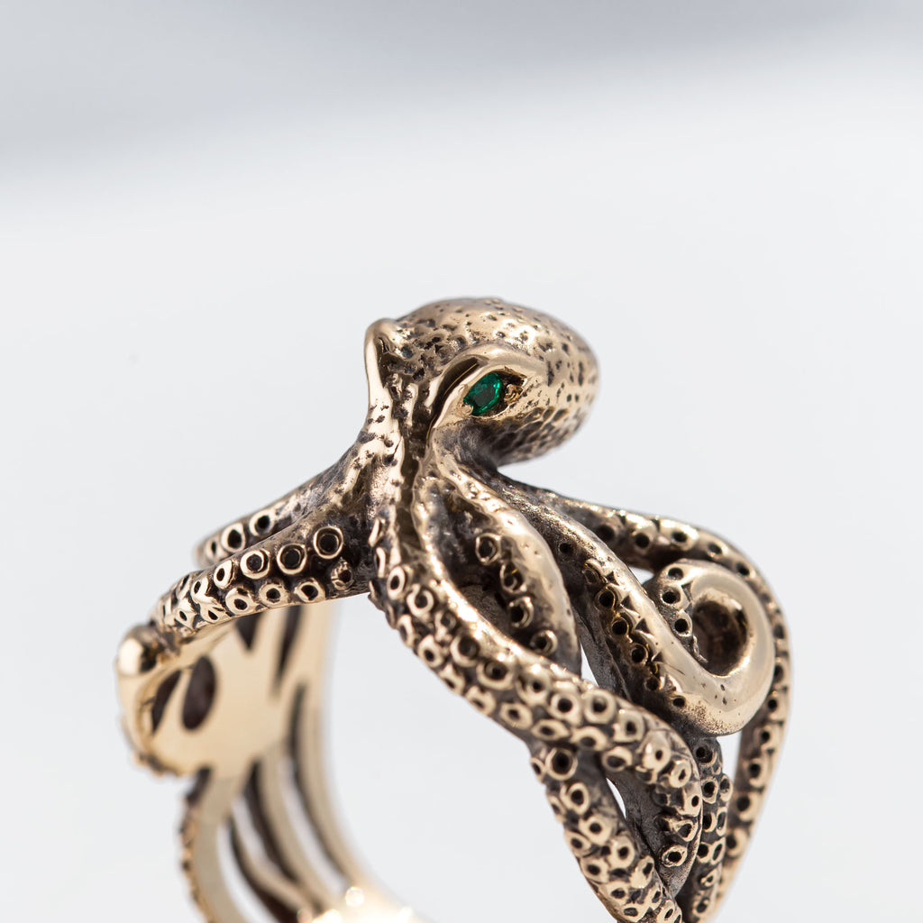 Octopus Ring with Precious Stone Eyes in Yellow Gold or Platinum