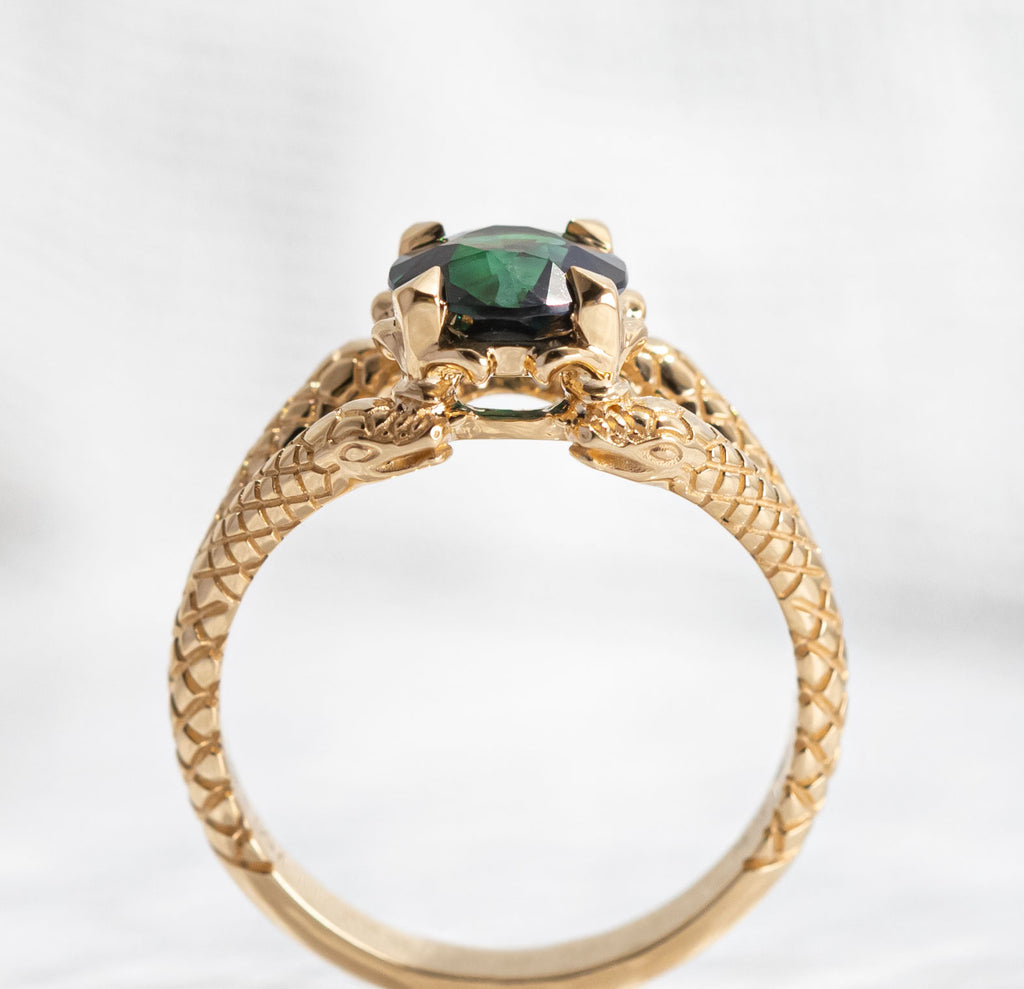 1.55 carat Deep Green Teal Sapphire Double Snake ring in 18 carat Yellow Gold