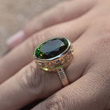 15.81 carat Teal Green Tourmaline Seahorse Temple ring in  9 carat Gold and Platinum