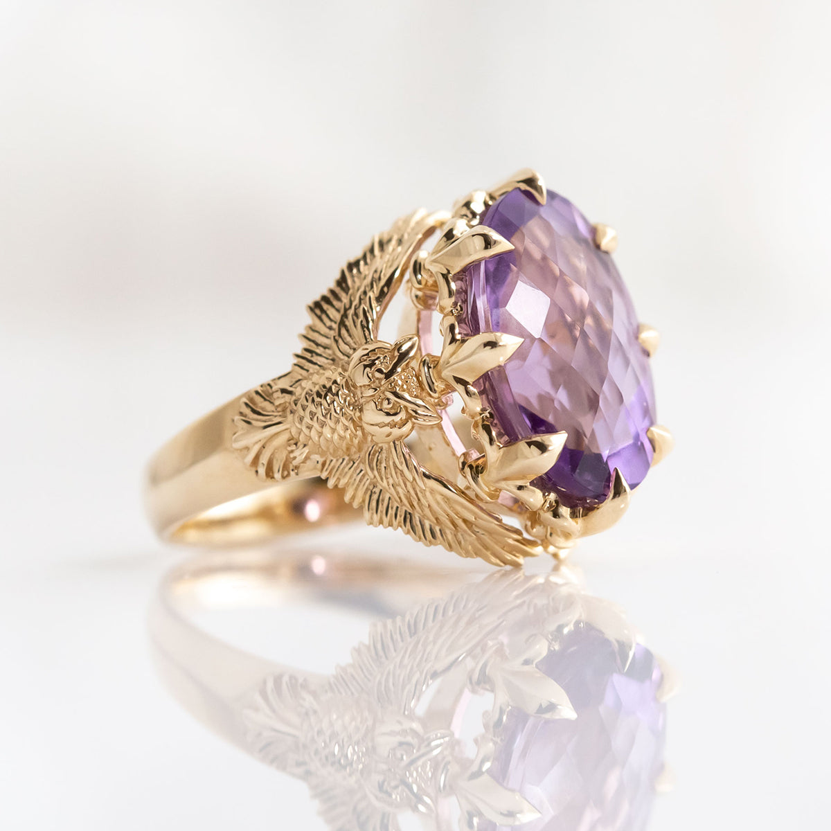 7.6 carat Amethyst Owl Guardian ring in 9 carat Yellow Gold