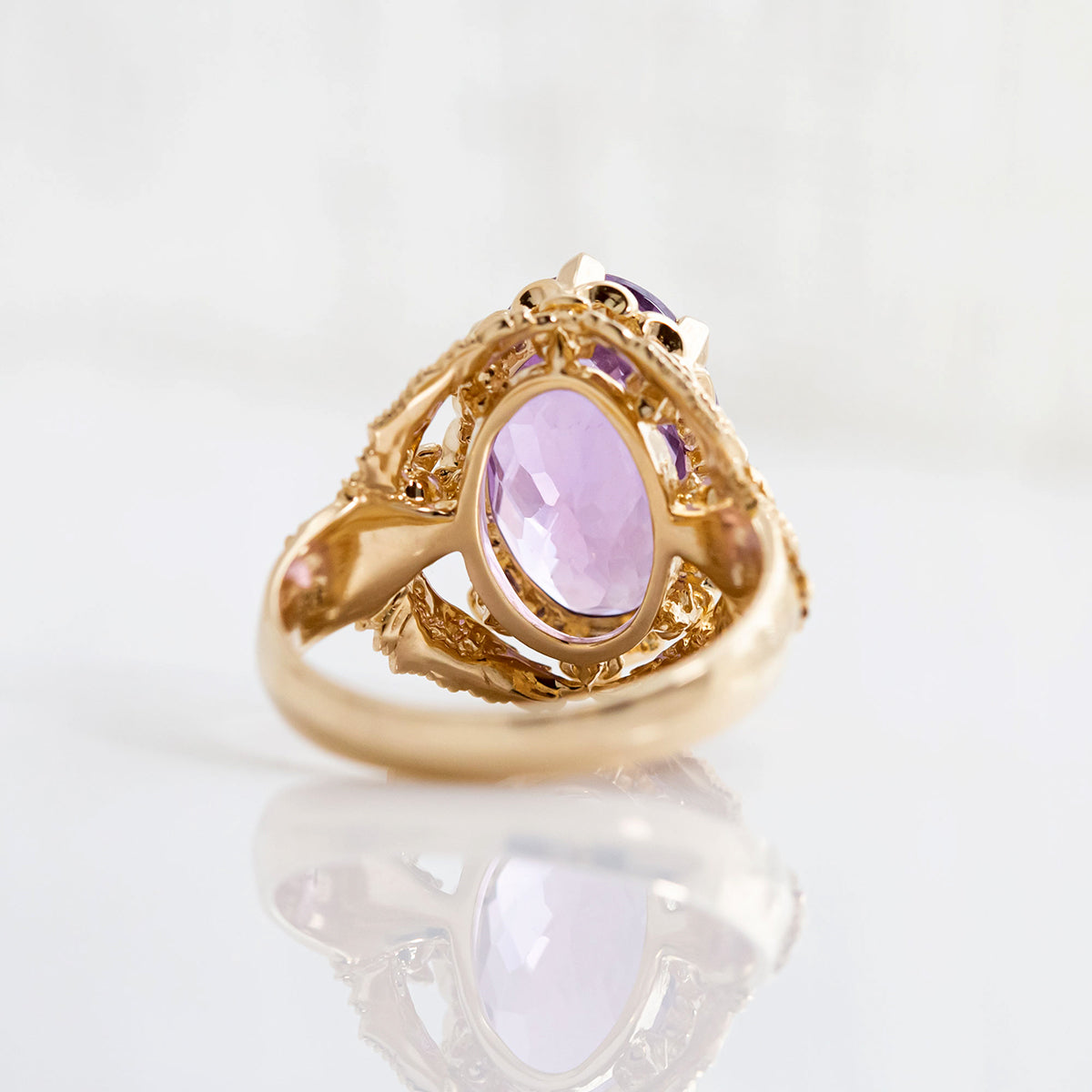 7.6 carat Amethyst Owl Guardian ring in 9 carat Yellow Gold