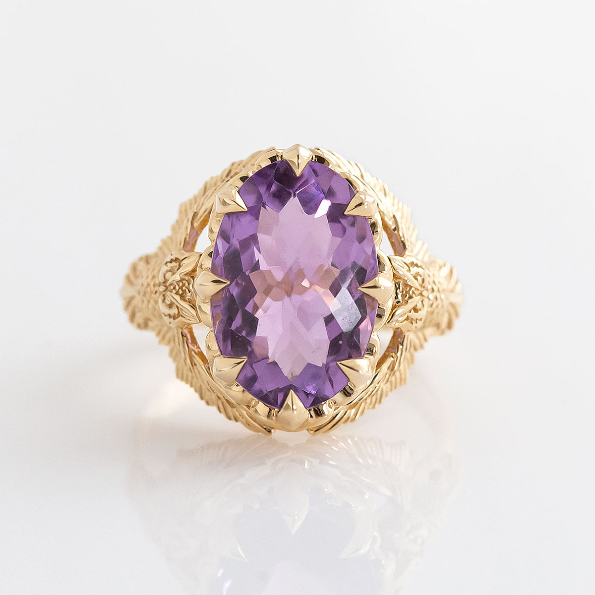 7.6 carat Amethyst Owl Guardian ring in 9 carat Yellow Gold