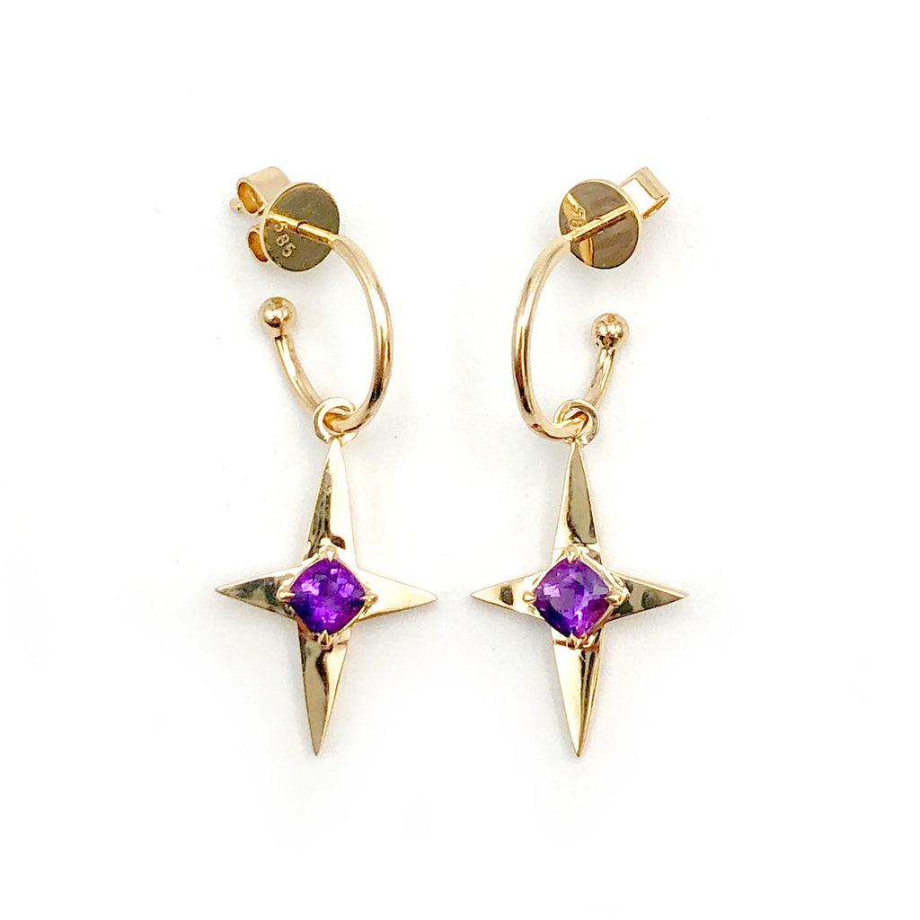 Amethyst North Star Earrings in 14 carat Yellow Gold