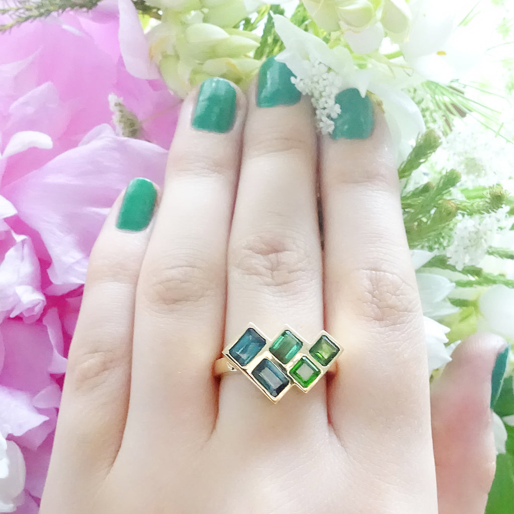 Blue Tourmaline and Siberian Emerald Angled Mosaic ring set in 9 carat Yellow Gold