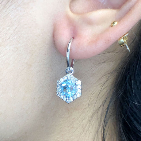 Hexagonal Aquamarine Earrings with Diamond Halos in 18 carat White Gold