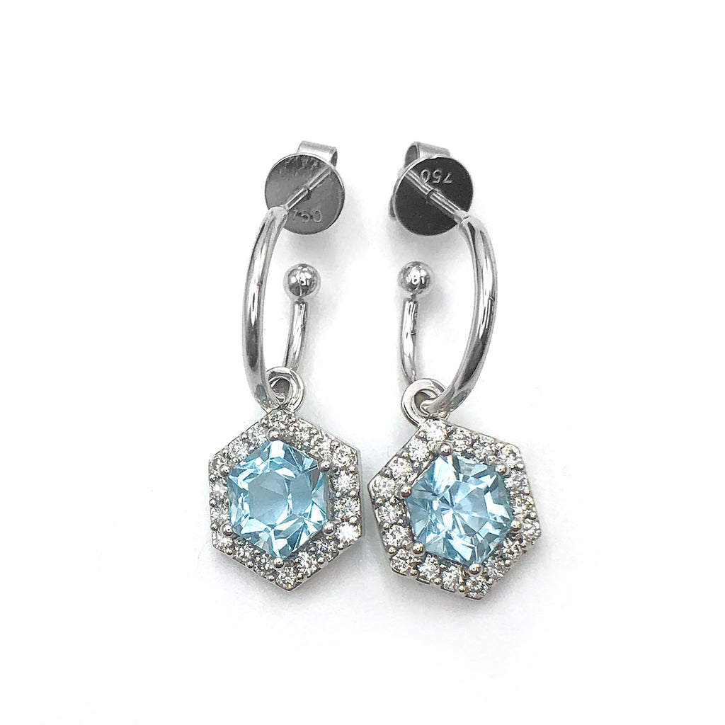 Hexagonal Aquamarine Earrings with Diamond Halos in 18 carat White Gold