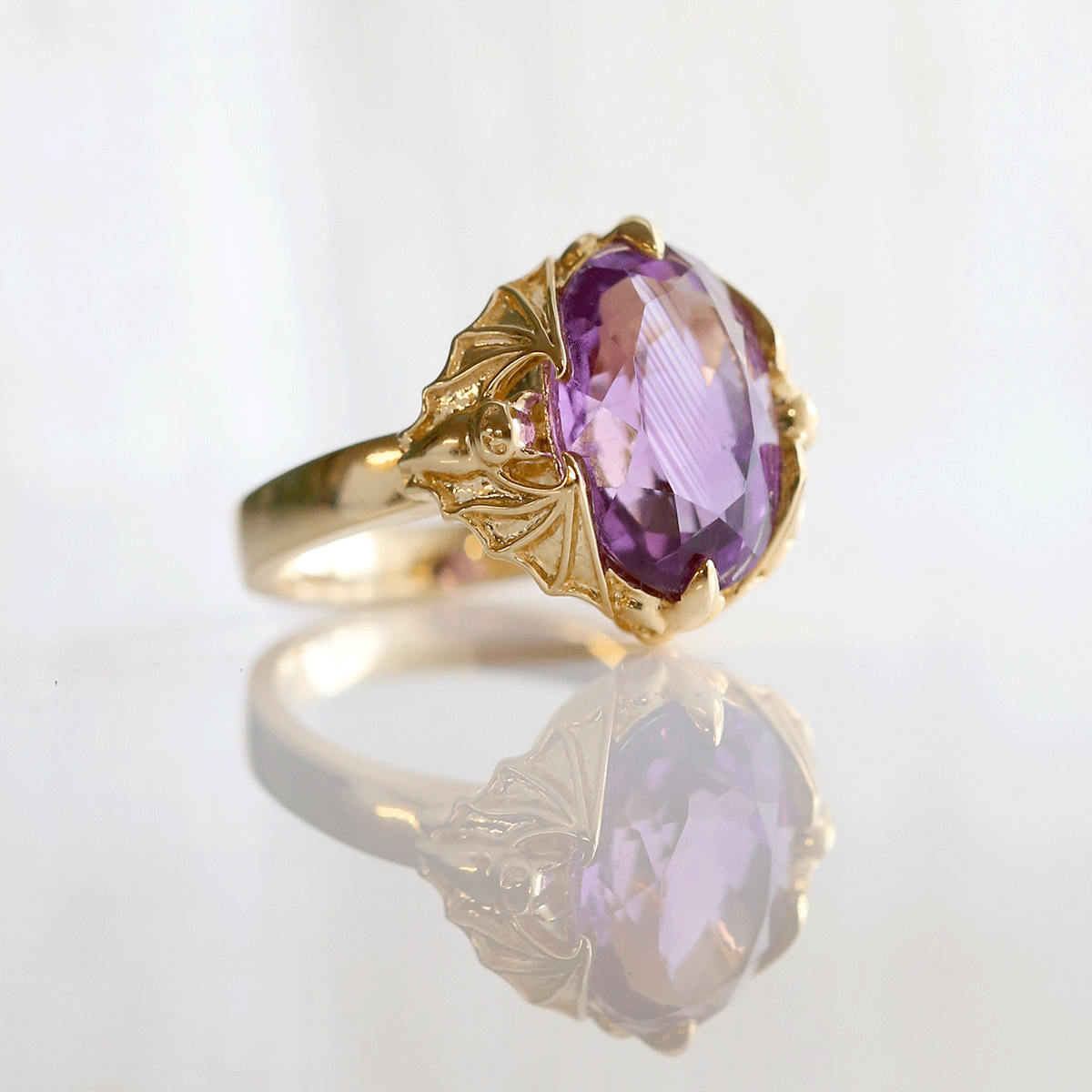 6.2 carat Amethyst Gotham Bat ring in 9 carat Yellow Gold.