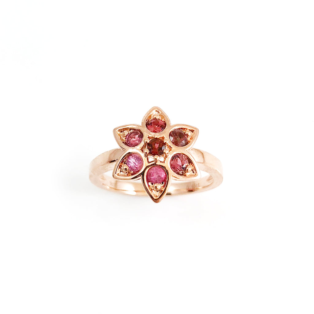 Berry Pink Tourmaline Star Tulip ring in 9 carat Rose Gold